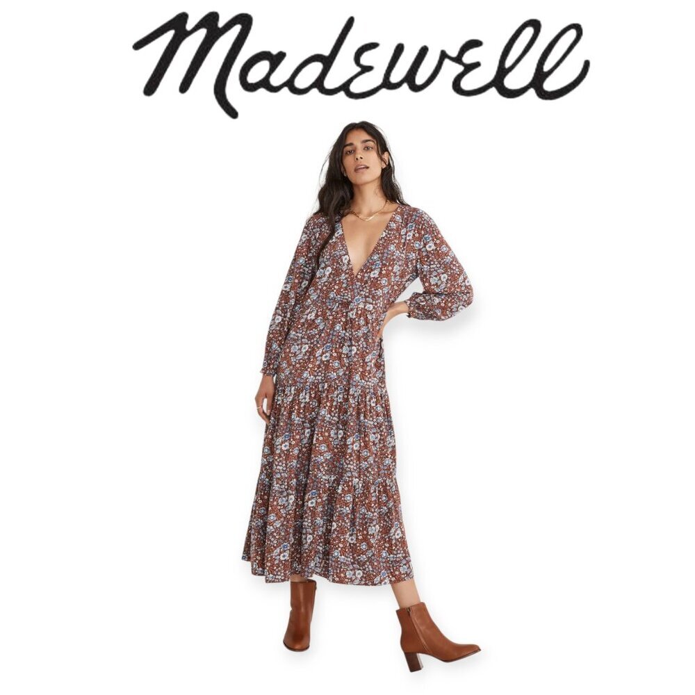 Madewell XS Woodland Floral Challis Midi Dress Brown Blue Purple Ecovero